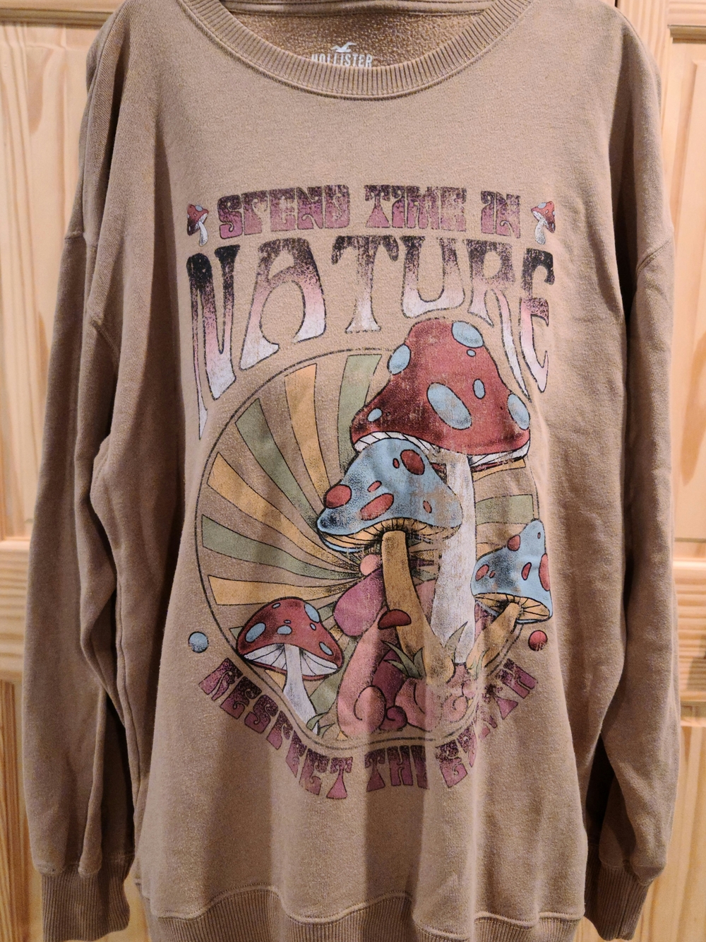 Hollister Tan Graphic Sweatshirt with Colorful Mushroom Print